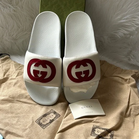 Gucci White Slides with Red Logo NEW GUCCI SLIDES WHITE LEATHER “ORIGINAL GUCCI” RED GREEN  main image 2